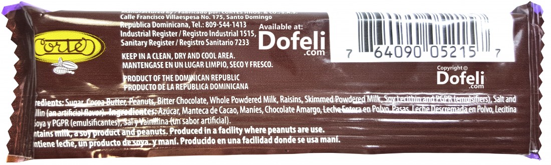 Dominican Mas Mas Republic chocolate bar with peanuts and raisins, crafted by Cortés Hermanos using authentic Dominican cacao.
